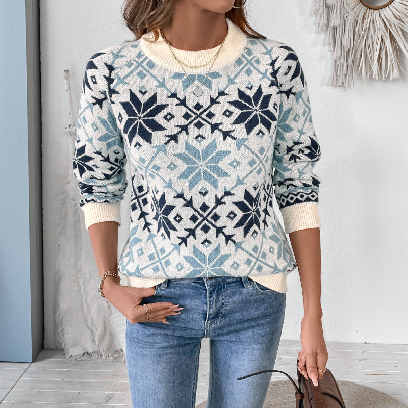 Damen Norwegermuster Strickpullover mit Rundhals, Rippbündchen und Relaxed‑Fit Nord Taschen
