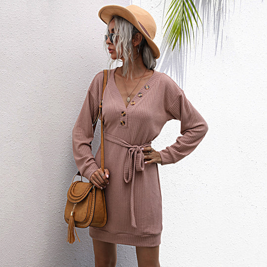 Damen Übergroßes Casual Kleid mit Knopfdetails und Taillengürtel Nord Taschen