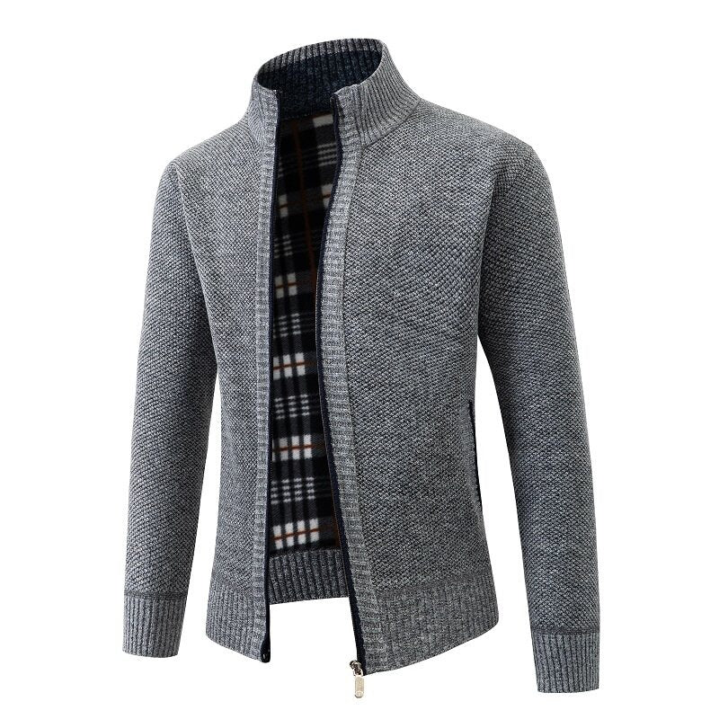 Herren Strukturiertes Zip-Strickjacke mit Karo‑Fleece‑Futter und Stehkragen Nord Taschen