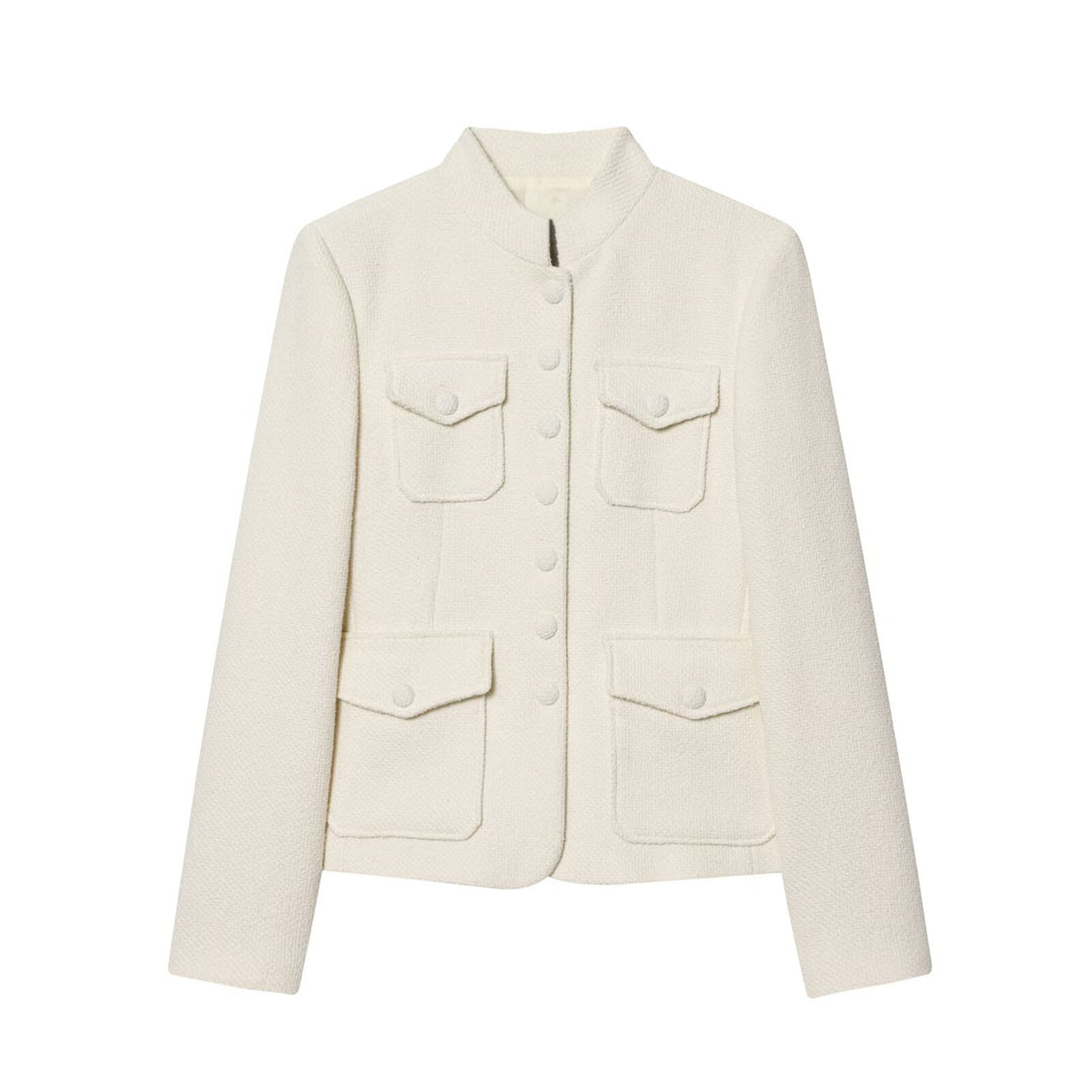 Damen Bouclé-Cropped-Jacke mit Stehkragen, bezogenen Knöpfen und aufgesetzten Pattentaschen Nord Taschen