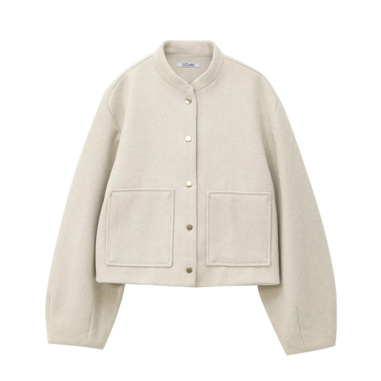 Damen 500+ Cropped Boxy Wollmix‑Blousonjacke mit Stehkragen, Druckknöpfen und großen aufgesetzten Taschen Nord Taschen
