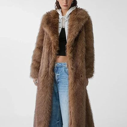 Damen Eleganter Maxi-Kunstpelz-Mantel mit weitem Schalkragen und geradem Schnitt Nord Taschen