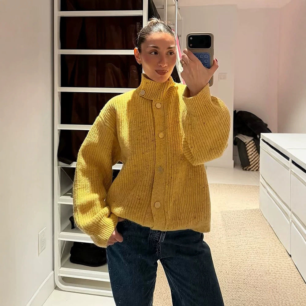 Damen Oversize-Strickjacke mit Rippenstruktur und Stehkragen Nord Taschen