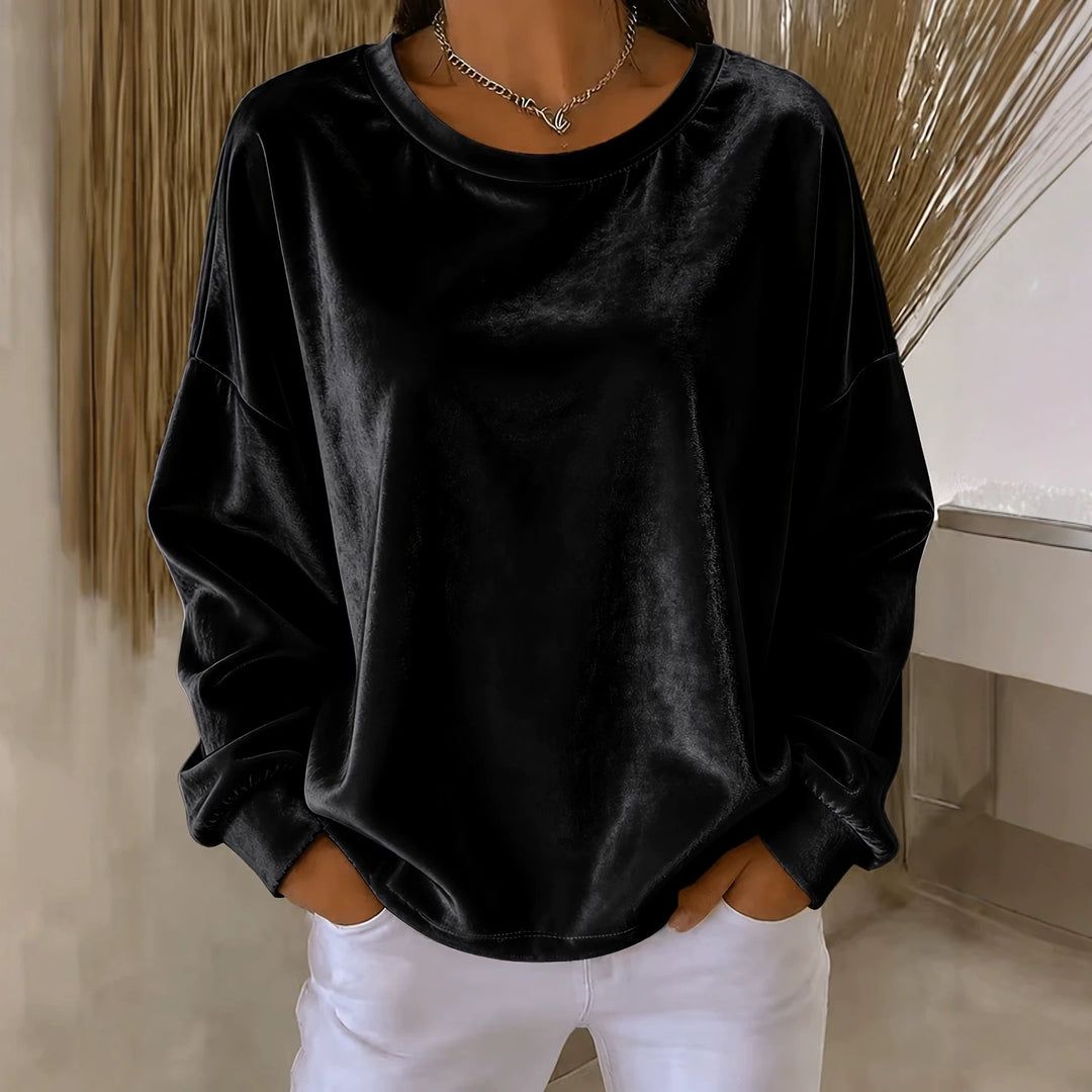 Damen Oversize Samt-Sweatshirt mit Rundhalsausschnitt, überschnittener Schulter und elastischen Bündchen Nord Taschen
