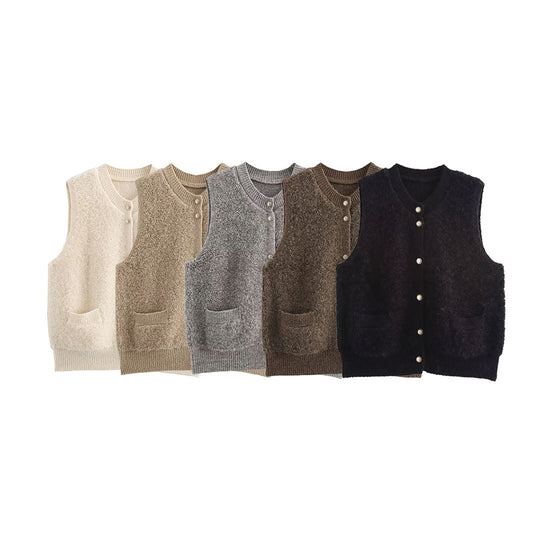 Damen Ärmellose Teddy‑Weste mit Knopfleiste und aufgesetzten Taschen Nord Taschen