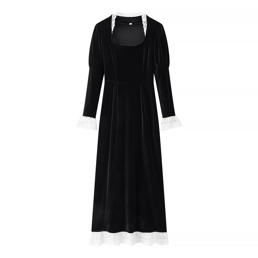 Damen Maxikleid aus Samt mit quadratischem Ausschnitt, Puffärmeln und Spitzenbesatz Nord Taschen