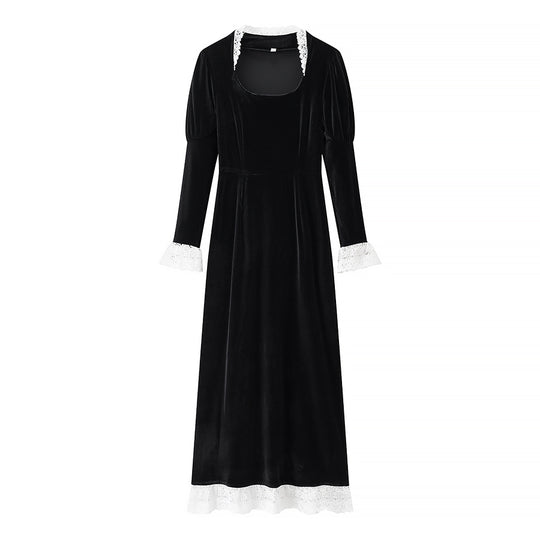 Damen Maxikleid aus Samt mit quadratischem Ausschnitt, Puffärmeln und Spitzenbesatz Nord Taschen