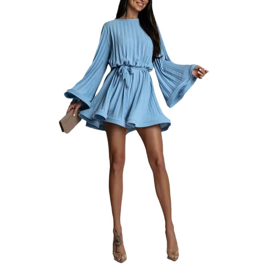 Damen Plissiertes Mini-Kleid mit weiten Glockenärmeln und Taillengürtel Nord Taschen