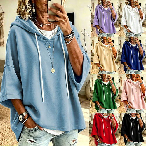 Damen Kurzarm-Oversize-Hoodie mit Kapuze und Kontrastkordel Nord Taschen