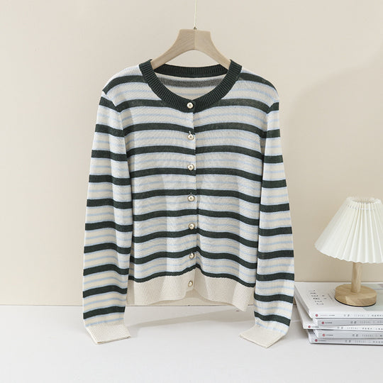 Damen Leichter Streifen-Cardigan aus Baumwollmix mit Perlmutt-Druckknöpfen und Rippbündchen Nord Taschen