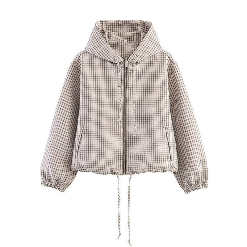 Damen Gekürzte Steppjacke mit Kapuze, Tunnelzug und Karomuster Nord Taschen