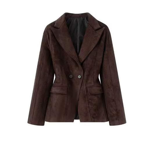 Damen Taillierter Veloursleder-Blazer mit Reverskragen und Pattentaschen Nord Taschen