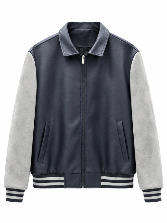 Herren Retro Letterman‑Bomber mit glattem Kunstlederkörper und Veloursärmmel-Detail Nord Taschen