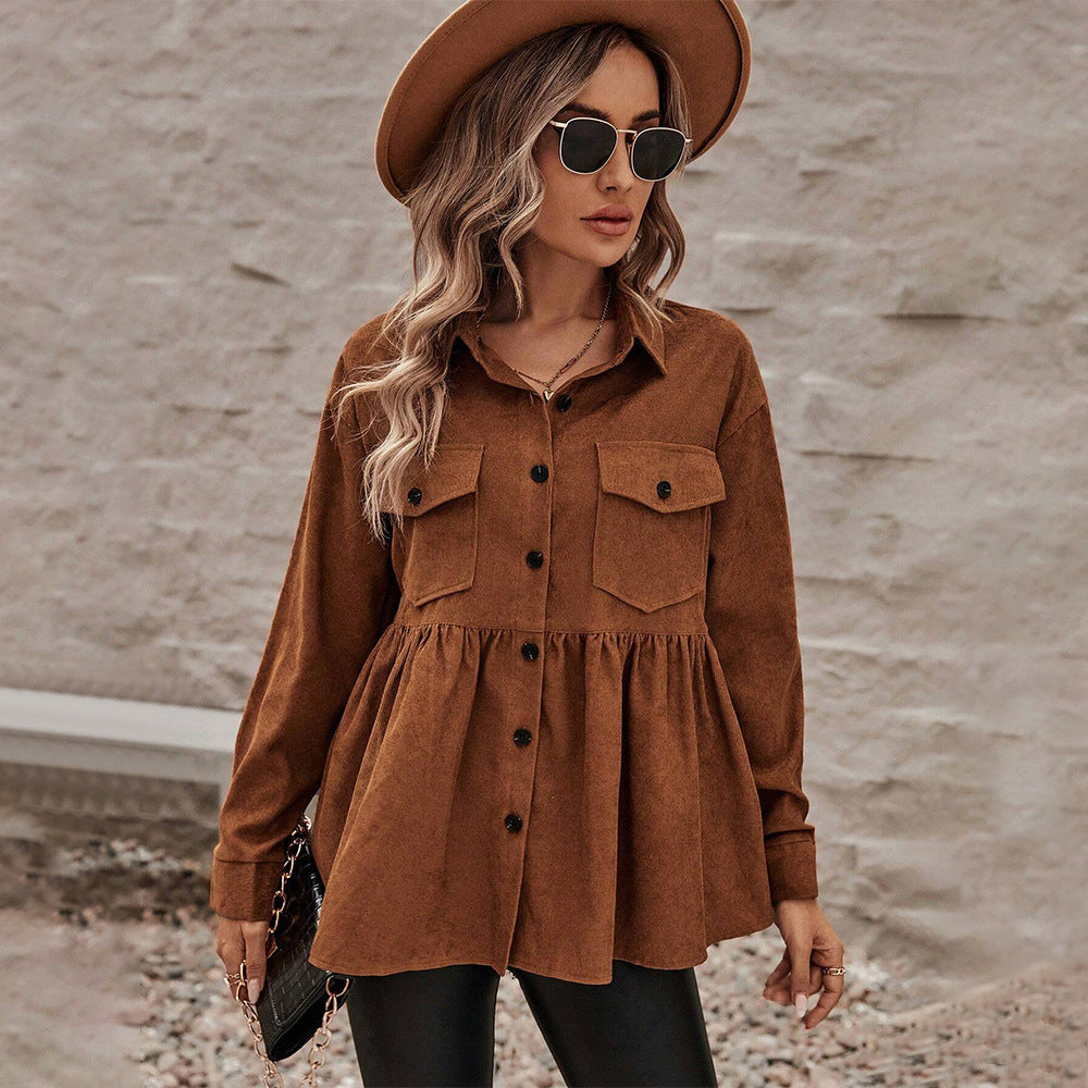 Damen Cord-Peplum-Bluse mit Hemdkragen aufgesetzten Brusttaschen und durchgehender Knopfleiste Nord Taschen