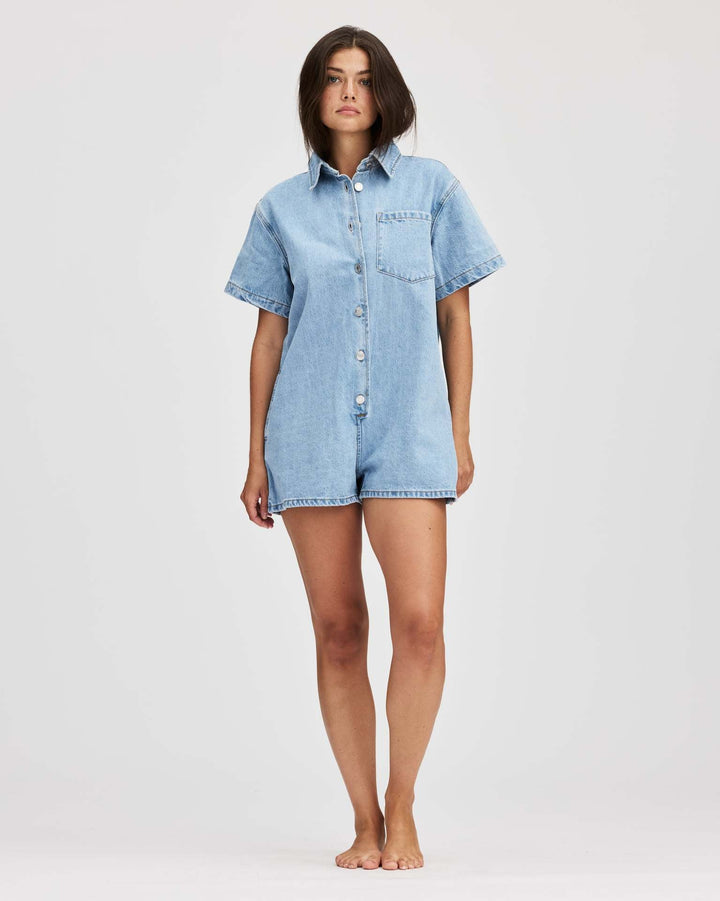 Damen Jeans-Overall mit Kurzarm und praktischen Taschen