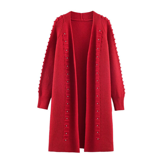 Damen Longline Strickcardigan mit Perlen- und Rüschendetail offene Front Nord Taschen