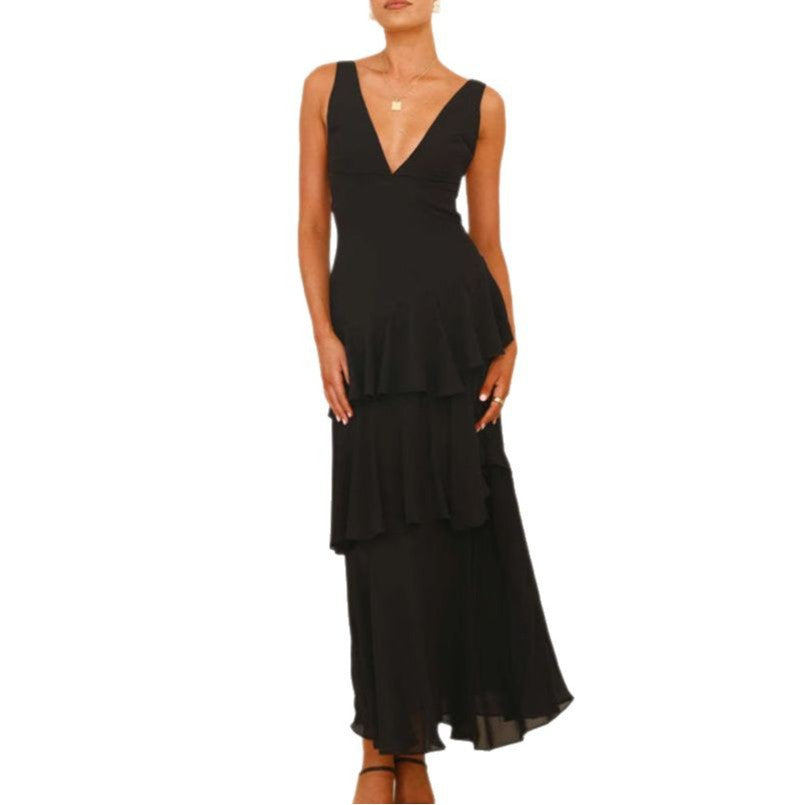 Damen Maxi-Kleid mit eleganten Volants und tiefem V-Ausschnitt