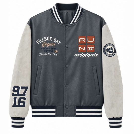 Herren Varsity-Bomberjacke im Retro-College-Stil mit Kunstlederkörper und Kontrastärmeln Nord Taschen