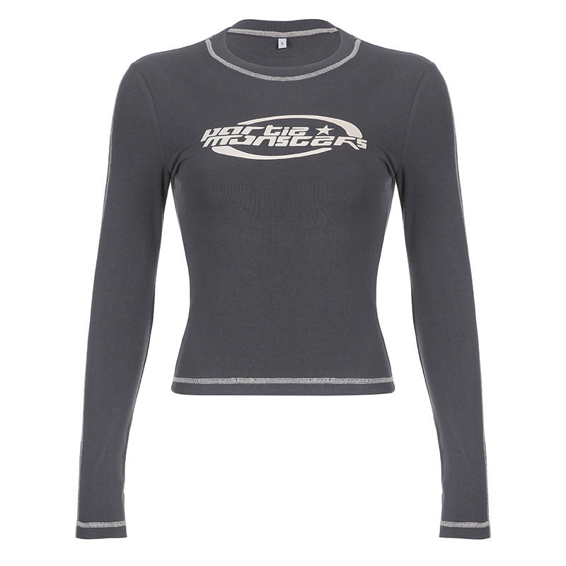 Damen nan figurbetontes Langarm-Crop-Shirt mit Logo-Print und Kontrastnähten Nord Taschen