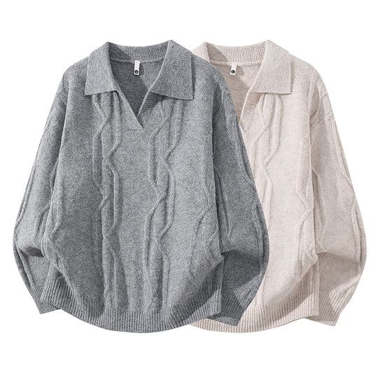Damen Oversize Mohair‑Optik Zopfstrickpullover mit Polokragen und V‑Ausschnitt Nord Taschen