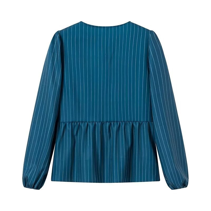 Damen Gestreifte Peplum‑Bluse mit vorderer Schnürung und langen Ballonärmeln Nord Taschen