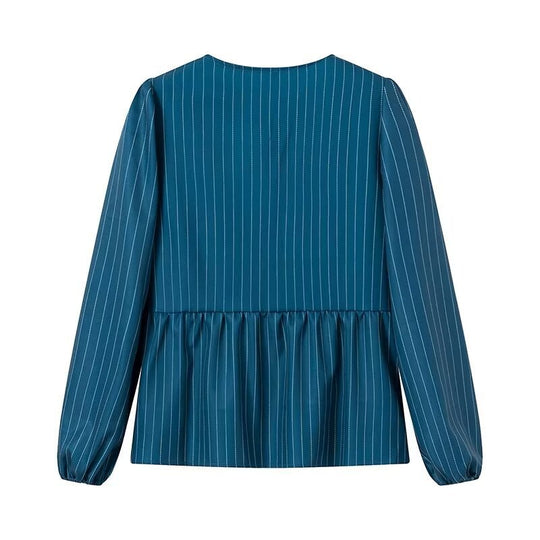 Damen Gestreifte Peplum‑Bluse mit vorderer Schnürung und langen Ballonärmeln Nord Taschen