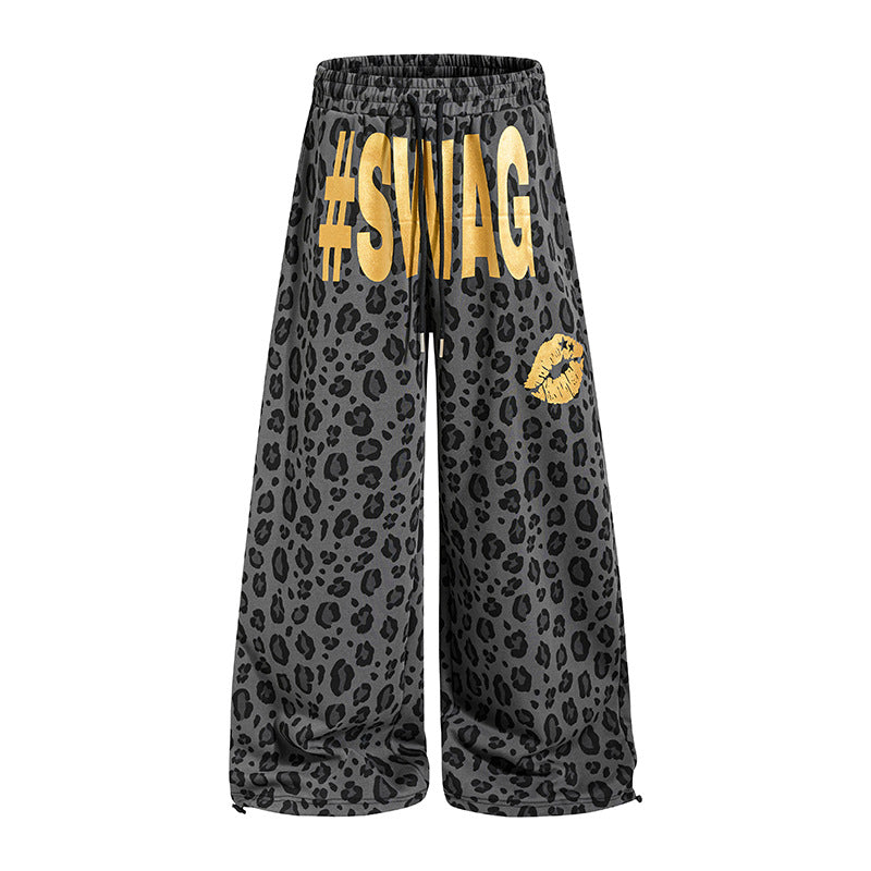 Damen Weite Palazzo-Sweathose im Leo-Muster mit hohem Komfortbund, Kordelzug und goldigem Statement-Print Nord Taschen