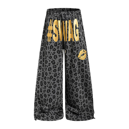 Damen Weite Palazzo-Sweathose im Leo-Muster mit hohem Komfortbund, Kordelzug und goldigem Statement-Print Nord Taschen