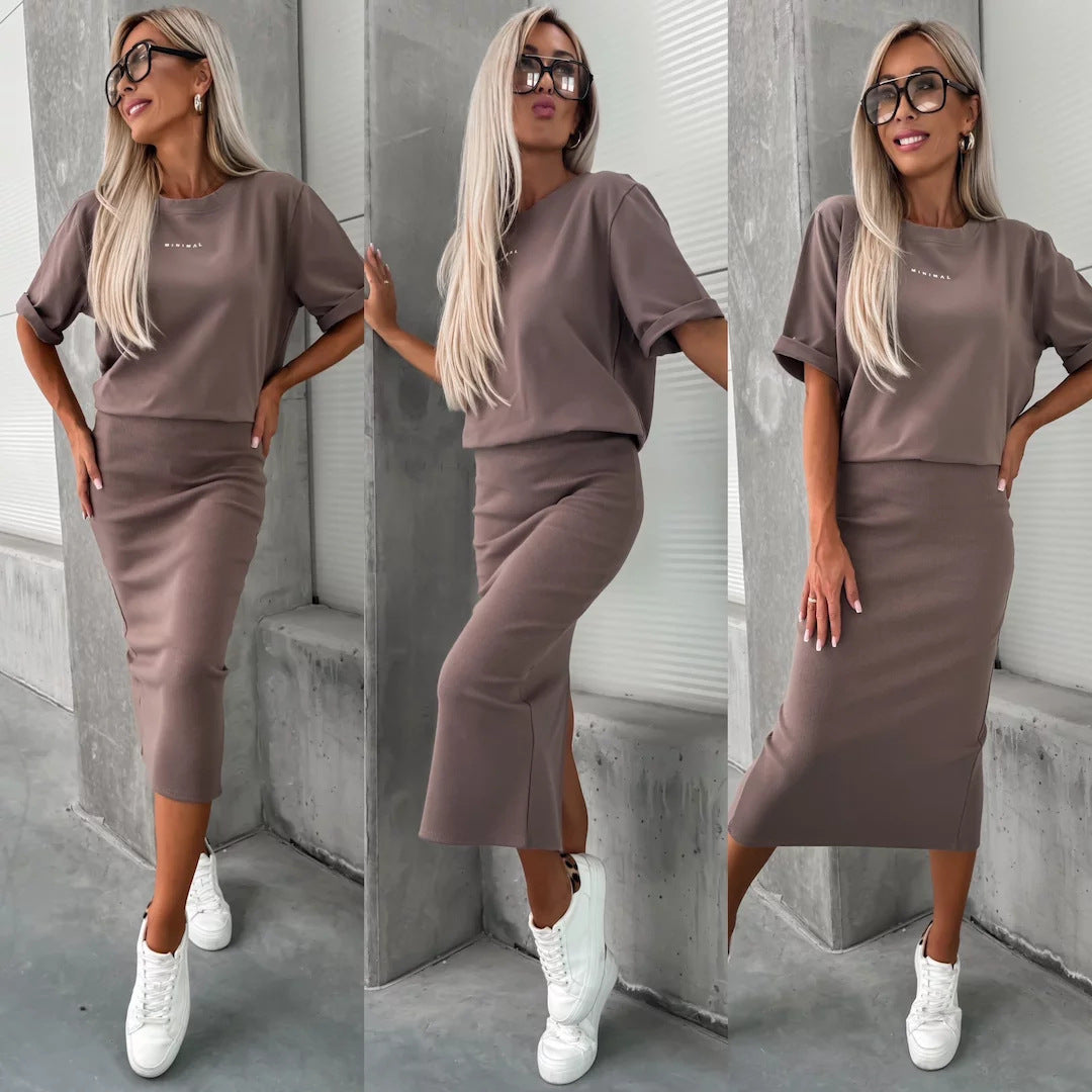 Damen lässiges Zweiteiler-Set aus Feinstrick mit oversized Shirt und Midi-Bleistiftrock mit Seitenschlitz Nord Taschen