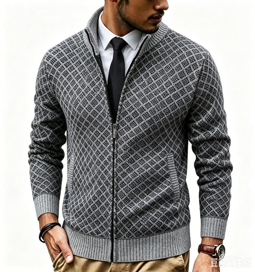 Herren Strukturierte Strickjacke mit Stehkragen und Diamant-Jacquard Nord Taschen