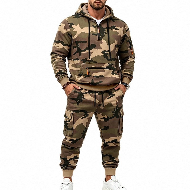Herren Zweiteiliges Camouflage-Trainingsanzug-Set mit Kapuzen-Sweatshirt und Cargo-Joggern Nord Taschen