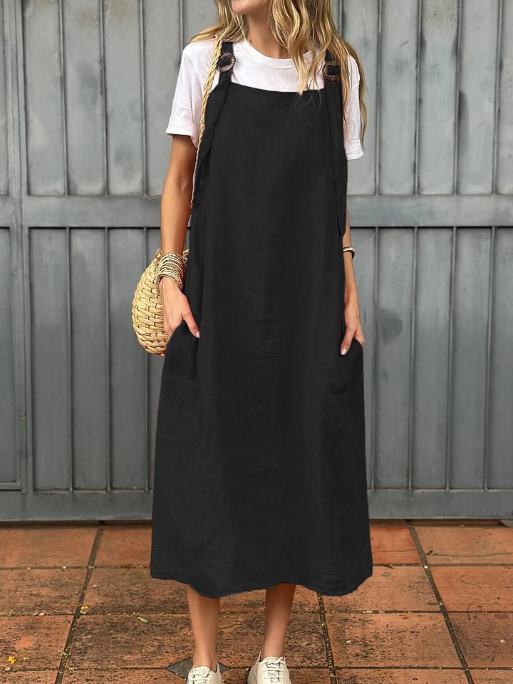 Damen lässiges Leinenkleid mit praktischen Taschen und verstellbaren Trägern