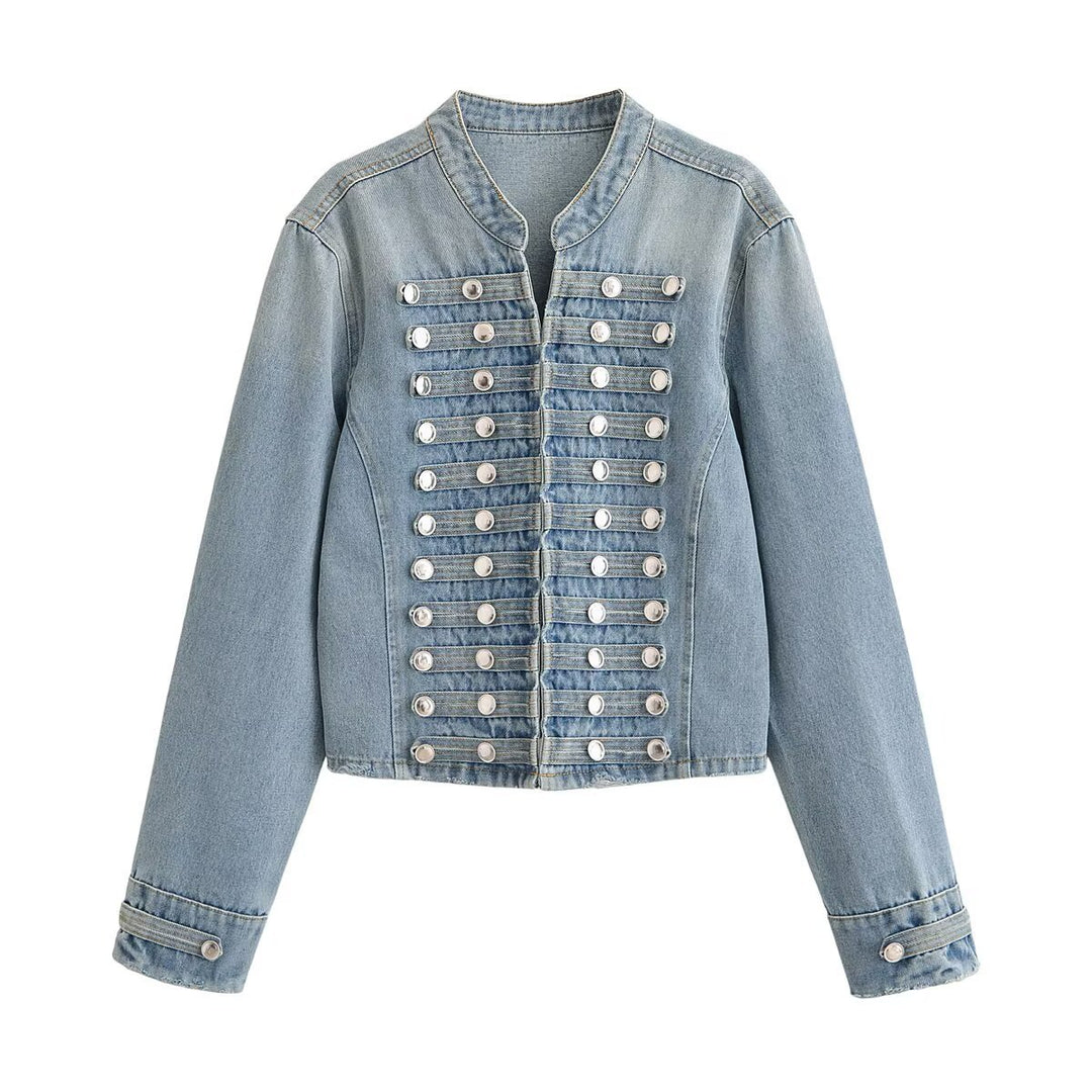 Damen Kurze taillierte Jeansjacke im Militärlook mit doppelten Zierknopfreihen Nord Taschen