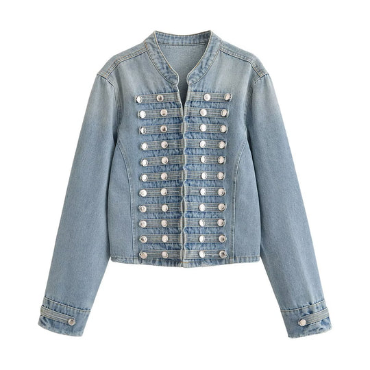 Damen Kurze taillierte Jeansjacke im Militärlook mit doppelten Zierknopfreihen Nord Taschen