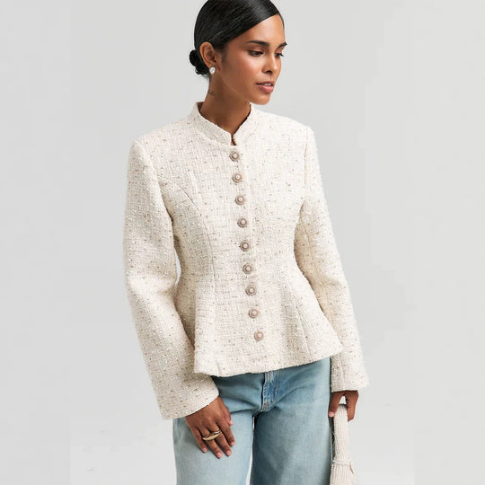 Damen Bouclé-Blazer mit Stehkragen und taillierter Schößchen-Silhouette Nord Taschen