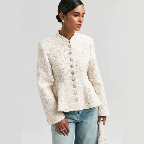 Damen Bouclé-Blazer mit Stehkragen und taillierter Schößchen-Silhouette Nord Taschen