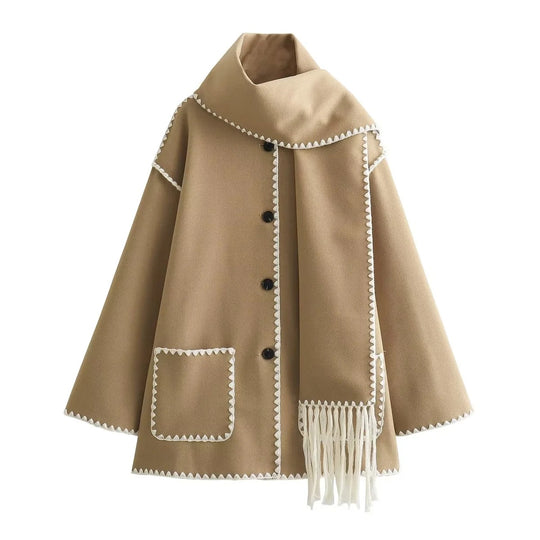 Damen Cape-Mantel mit angesetztem Fransen-Schal und Zier-Zickzacknaht Nord Taschen