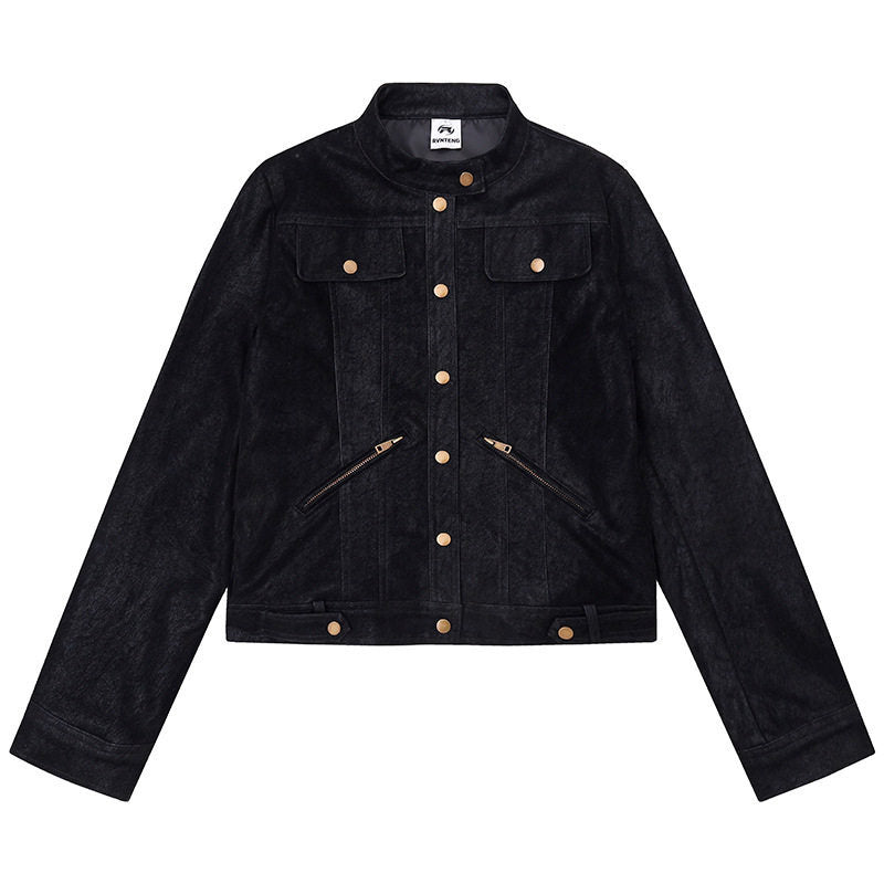 Damen Kurz geschnittene Kunstlederjacke im Vintage-Moto-Stil Nord Taschen