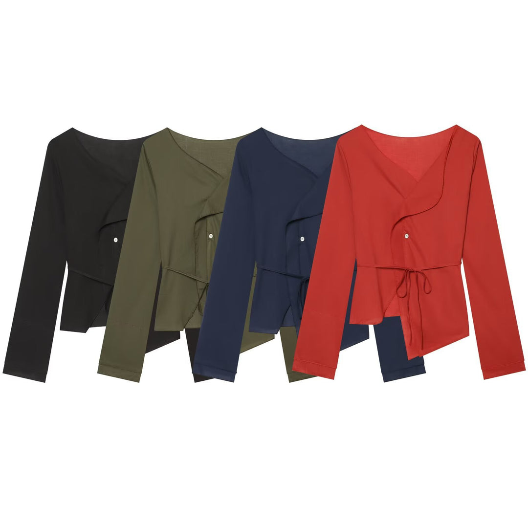 Damen Asymmetrische Wickelbluse mit Volantkante und Taillengürtel Nord Taschen