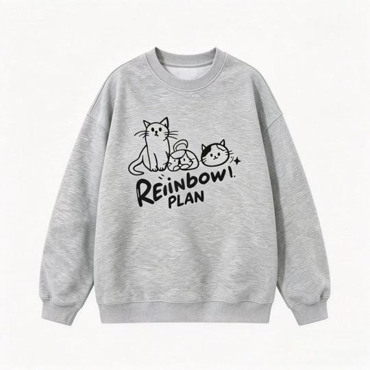 Unisex Oversize Baumwoll-Sweatshirt mit Katzenprint, Rundhalsausschnitt und Rippbündchen Nord Taschen