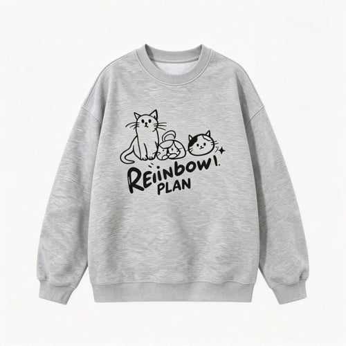 Unisex Oversize Baumwoll-Sweatshirt mit Katzenprint, Rundhalsausschnitt und Rippbündchen Nord Taschen