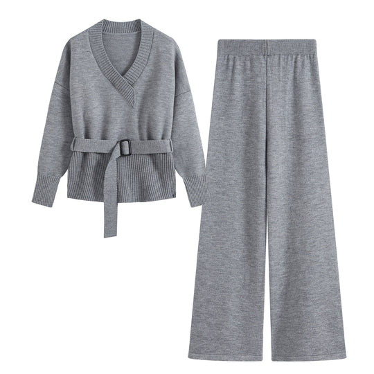 Damen Feiner Strickzweiteiler mit V‑Ausschnitt, Taillengürtel und weiter Bündchenhose Nord Taschen
