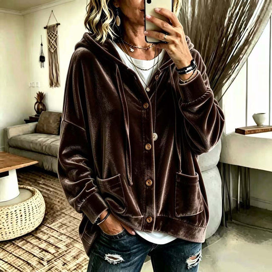 Damen Oversize Kapuzen-Samtjacke mit Knopfleiste und aufgesetzten Taschen Nord Taschen