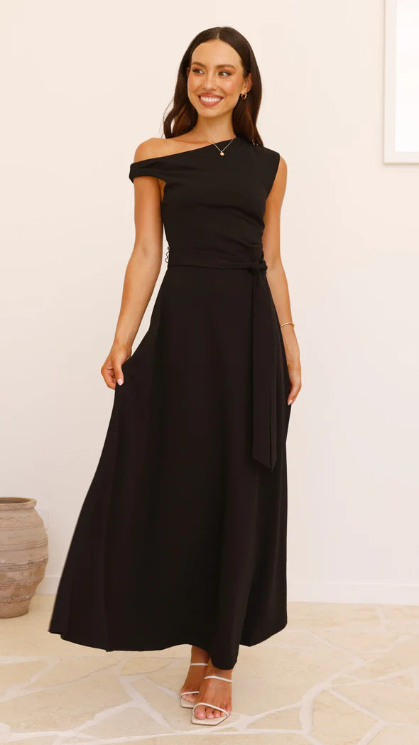 Damen Maxikleid mit schickem asymmetrischen Ausschnitt und eleganter Schleife