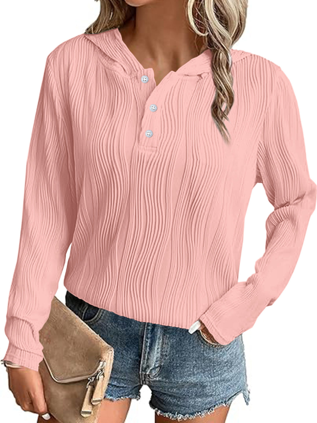 Damen Geripptes Kapuzen-Henleyshirt mit Knopfleiste und leichter Struktur Nord Taschen