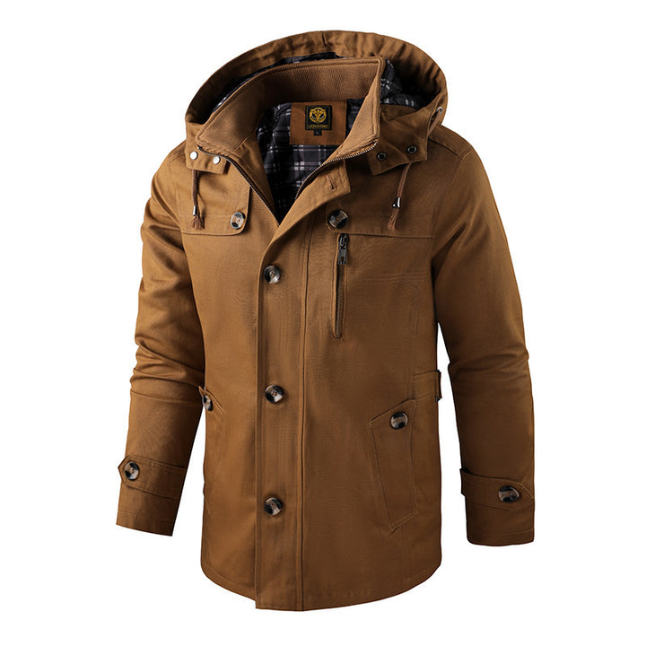 Herren  Kapuzenparka aus Canvas mit kariertem Thermofutter, verdeckter Reißverschluss und dekorativen Knopfleisten Nord Taschen