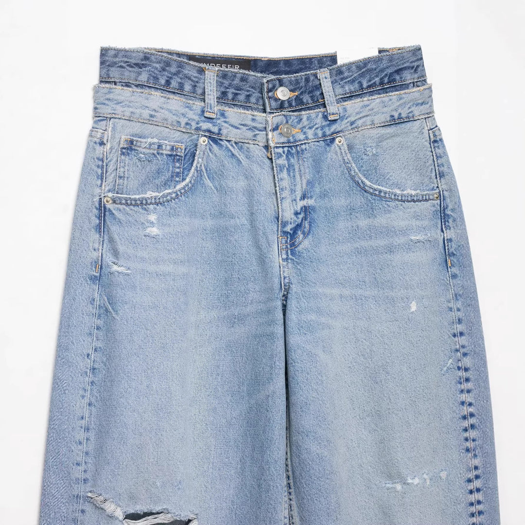 Damen Weite taillenhohe Jeans mit verwaschenem Finish und Rissen Nord Taschen