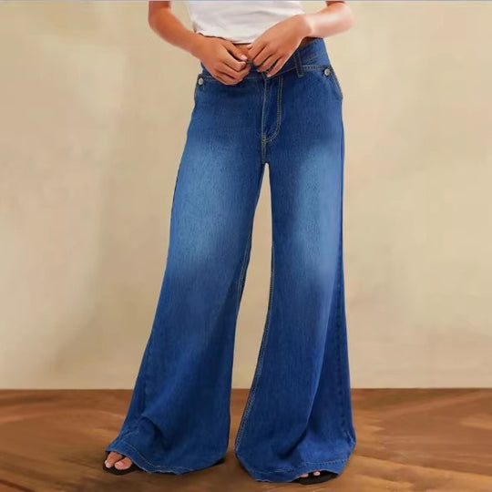Damen High-Waist Denim-Palazzo-Hose mit fließendem Tellerfall und weitem Bein Nord Taschen