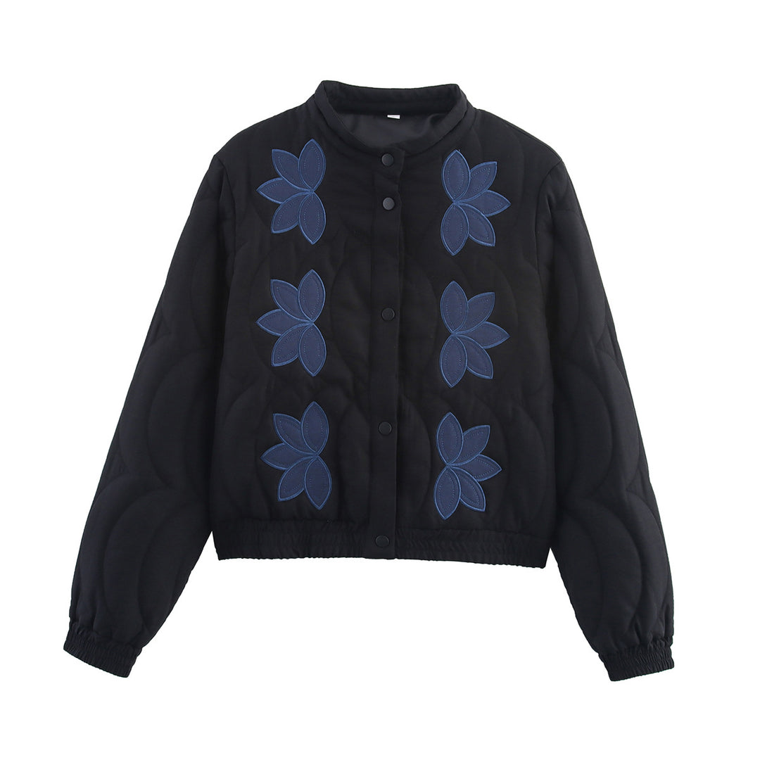 Damen Kurz geschnittene Steppjacke mit floralen Applikationen und elastischem Saum Nord Taschen
