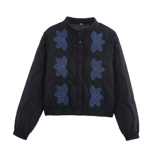 Damen Kurz geschnittene Steppjacke mit floralen Applikationen und elastischem Saum Nord Taschen
